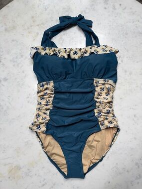 Matilda Jane Teal One-Piece Swimsuit with Cream Floral Trim